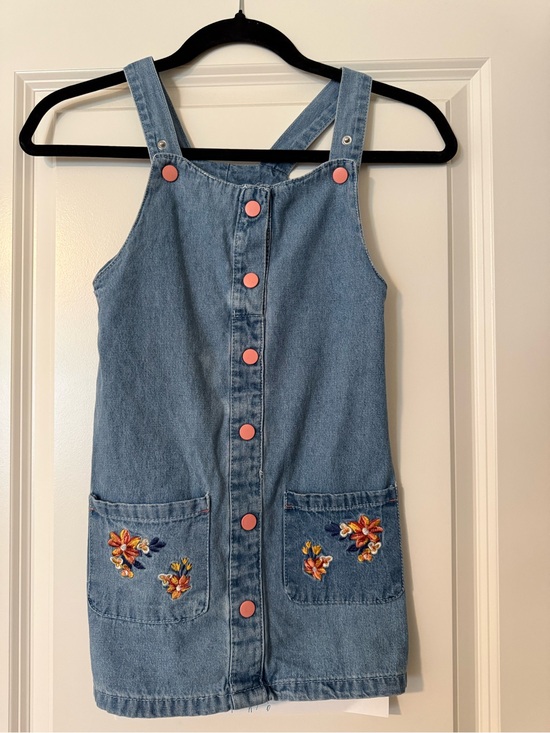 Other - Girls Denim Pinafore Dress with Pink Buttons and Floral Embroidered Pockets